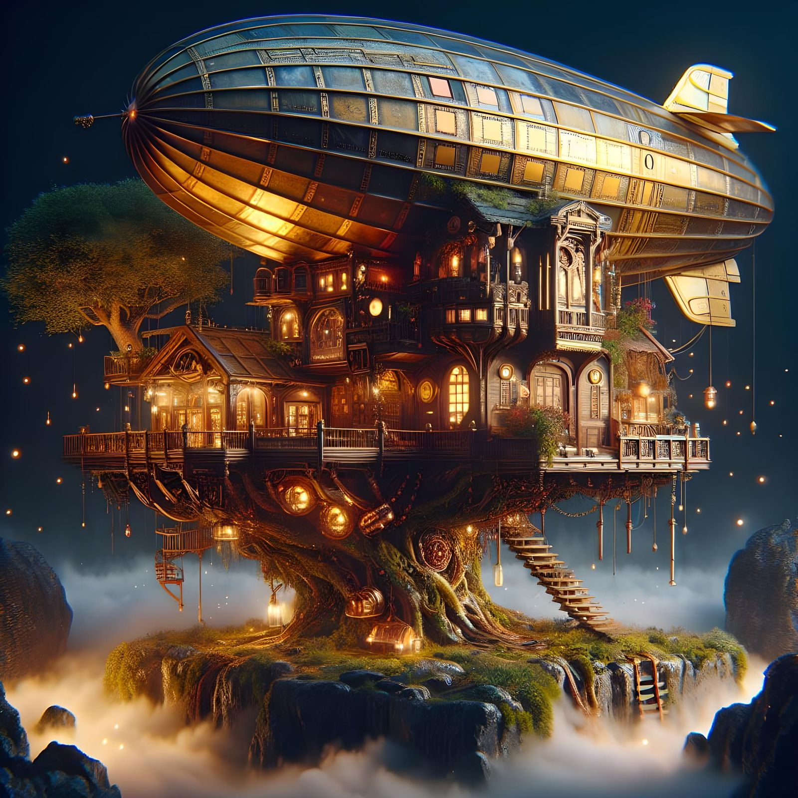 Steampunk Airship Treehouse in Hyperrealistic Detail