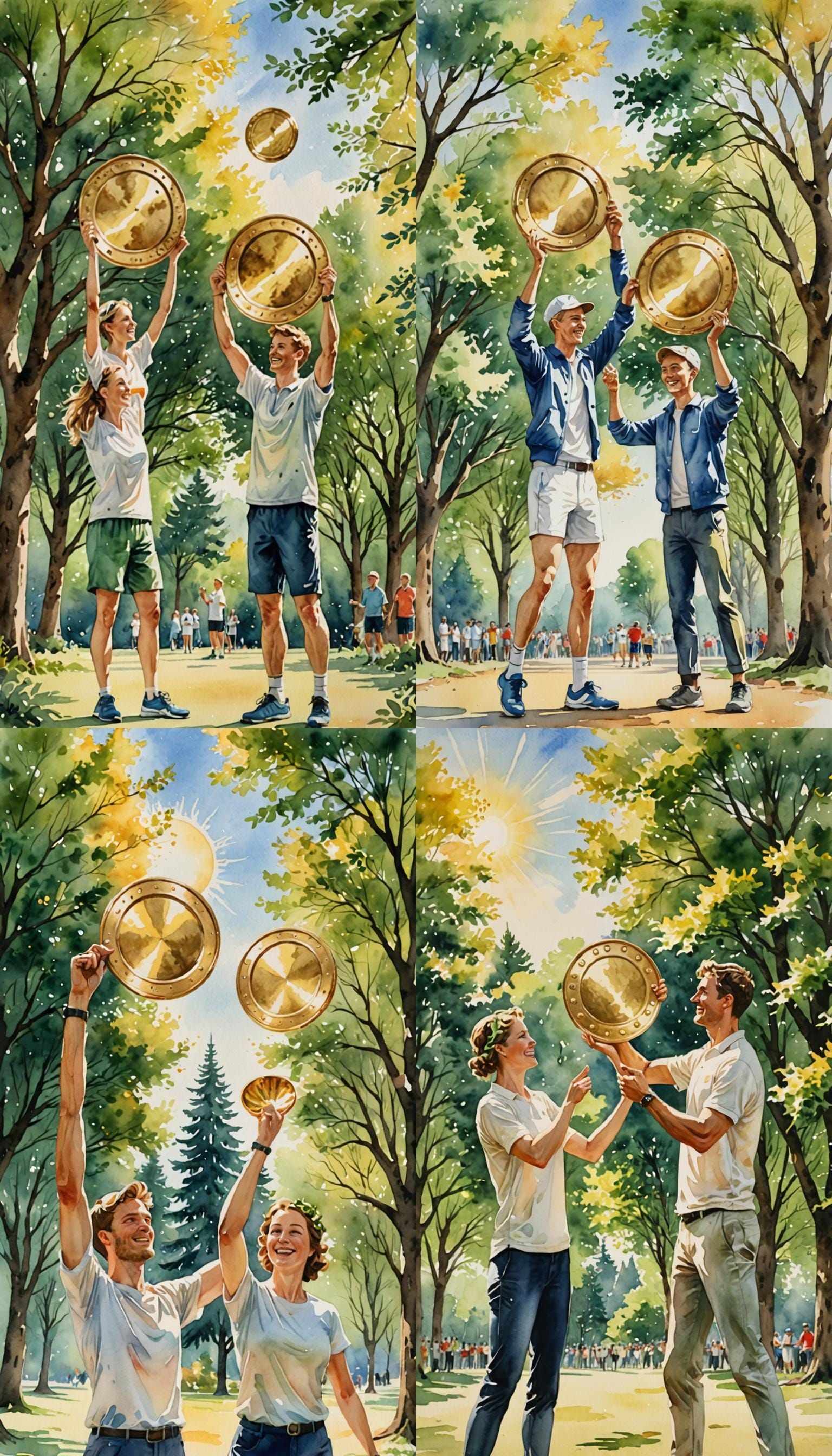 Athletic Couple's Victory: A Watercolor Celebration