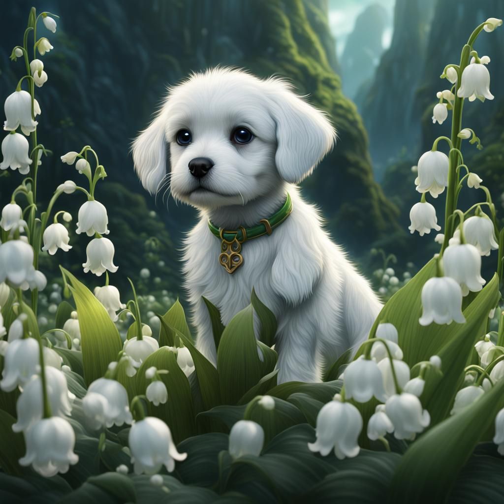 Lily of the Valley Puppy: Detailed Fantasy Art