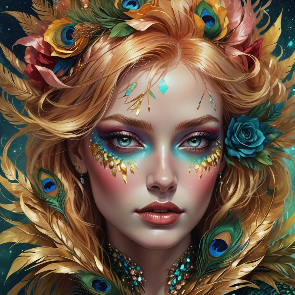 Woman with Rose Gold Skin and Peacock Feathers