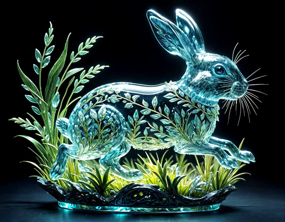 Crystal Rabbit Sculpture in Bioluminescent Field