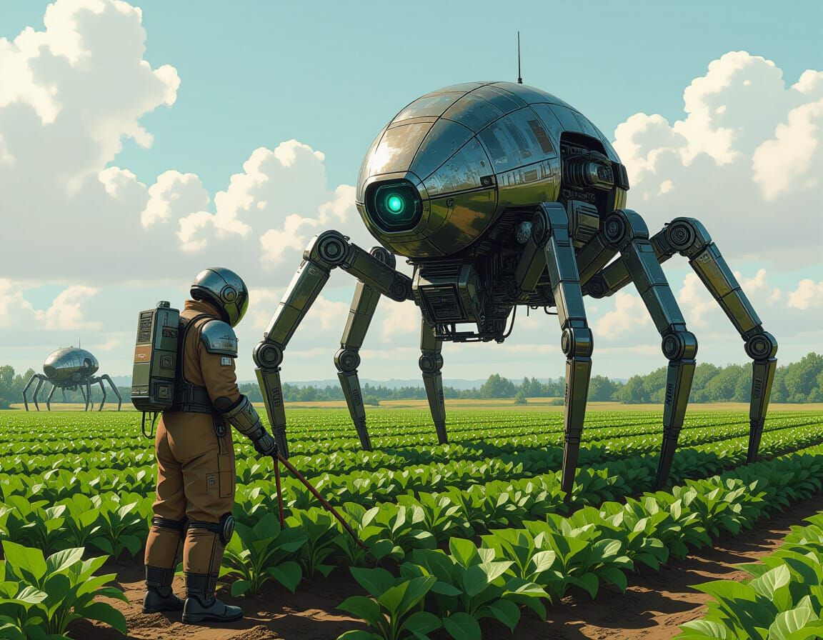 Giant Spider Robot Tending Lush Farm Field