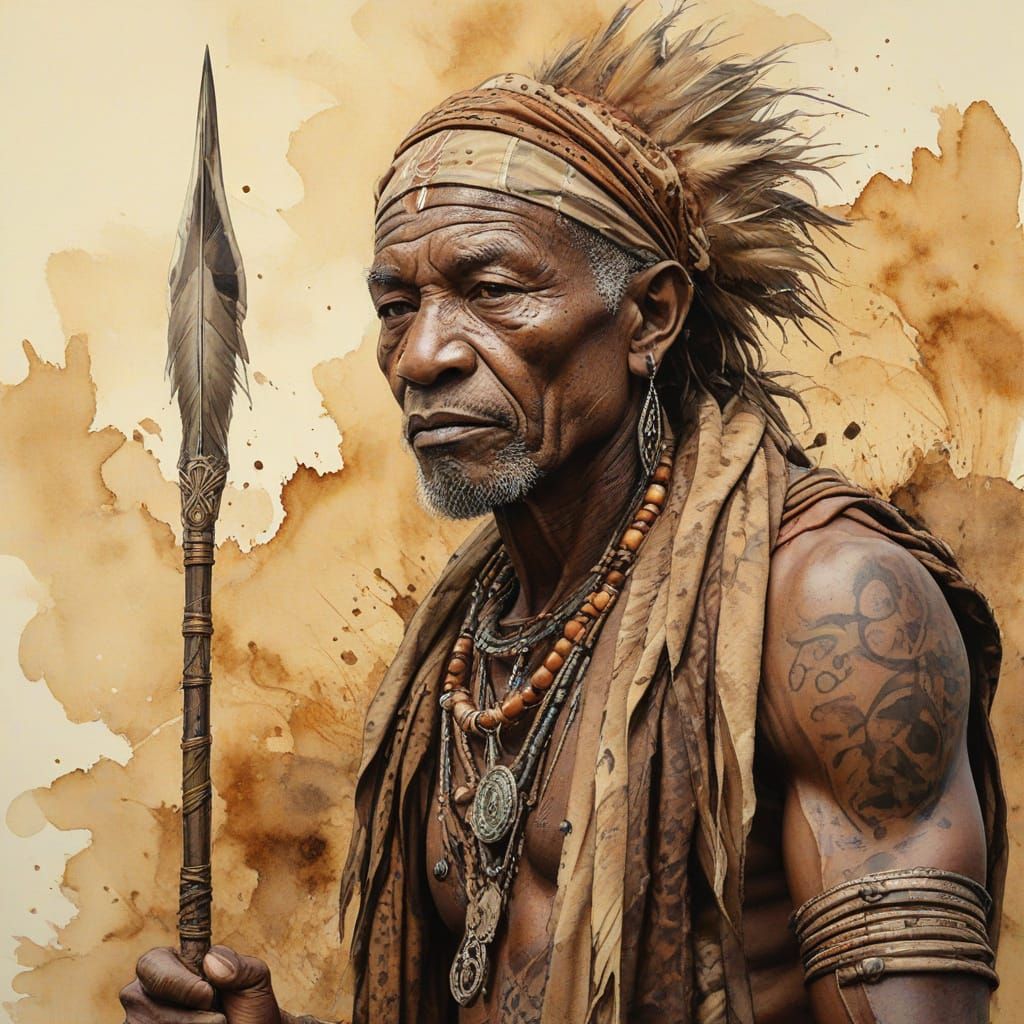 African Warrior with Spear in Watercolor Style