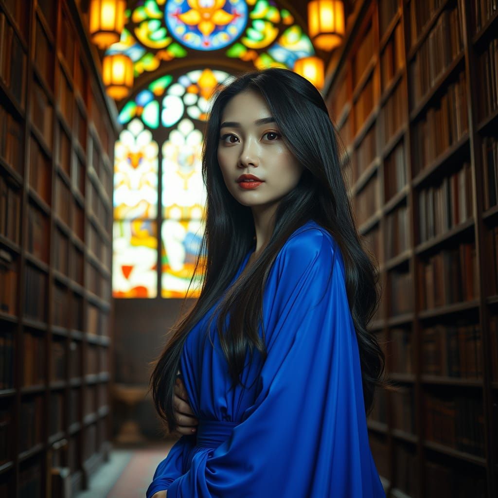 Confident Woman in Library: Cinematic Film Still