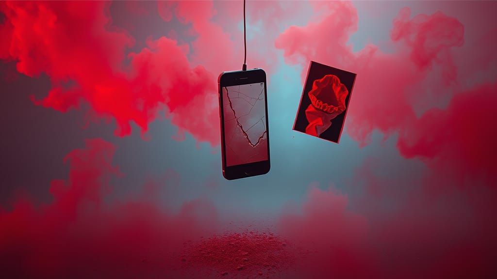 Surreal Red Fog Scene with Symbolic Objects