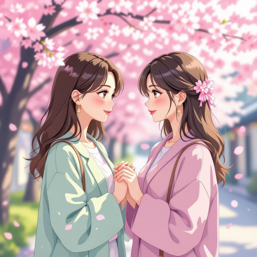 Romantic Manga Illustration of Women Under Cherry Blossoms