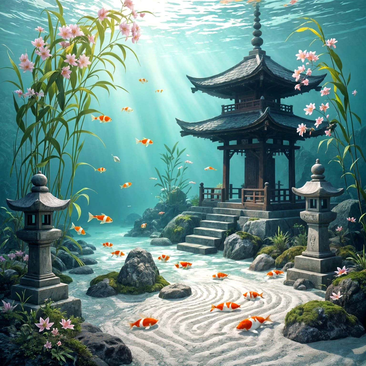 Underwater Zen Garden with Pagoda in Surrealist Style