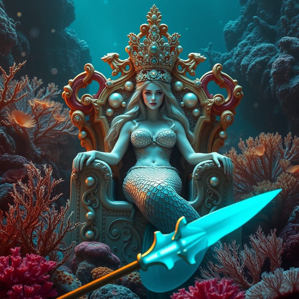 Mermaid Queen on Coral Throne in a Dreamlike Style