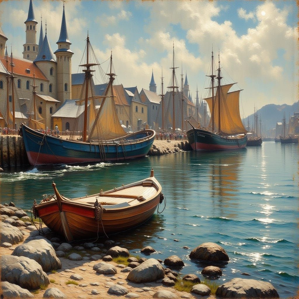 Busy Harbor Town Life by the Sea in Oil Paint Style