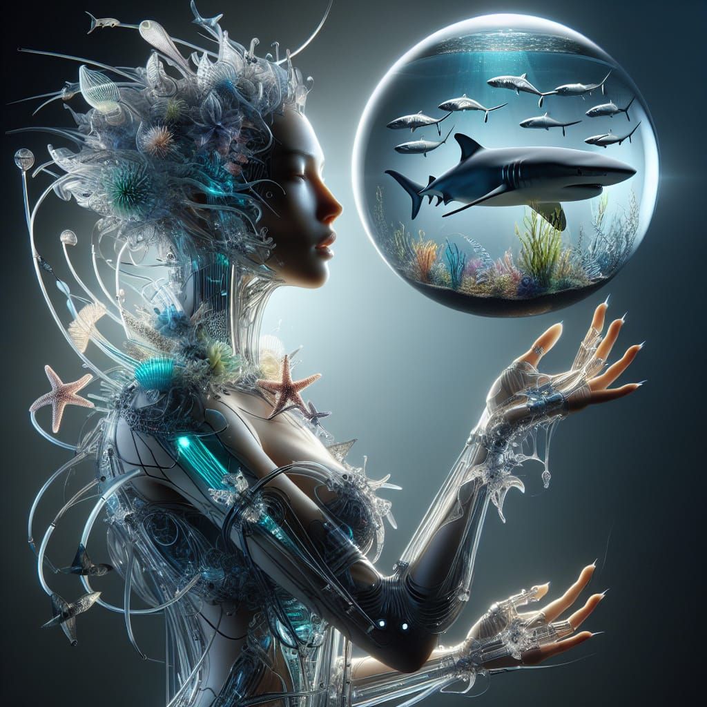 Futuristic Glass Sculpture: Cyberpunk Sea Goddess