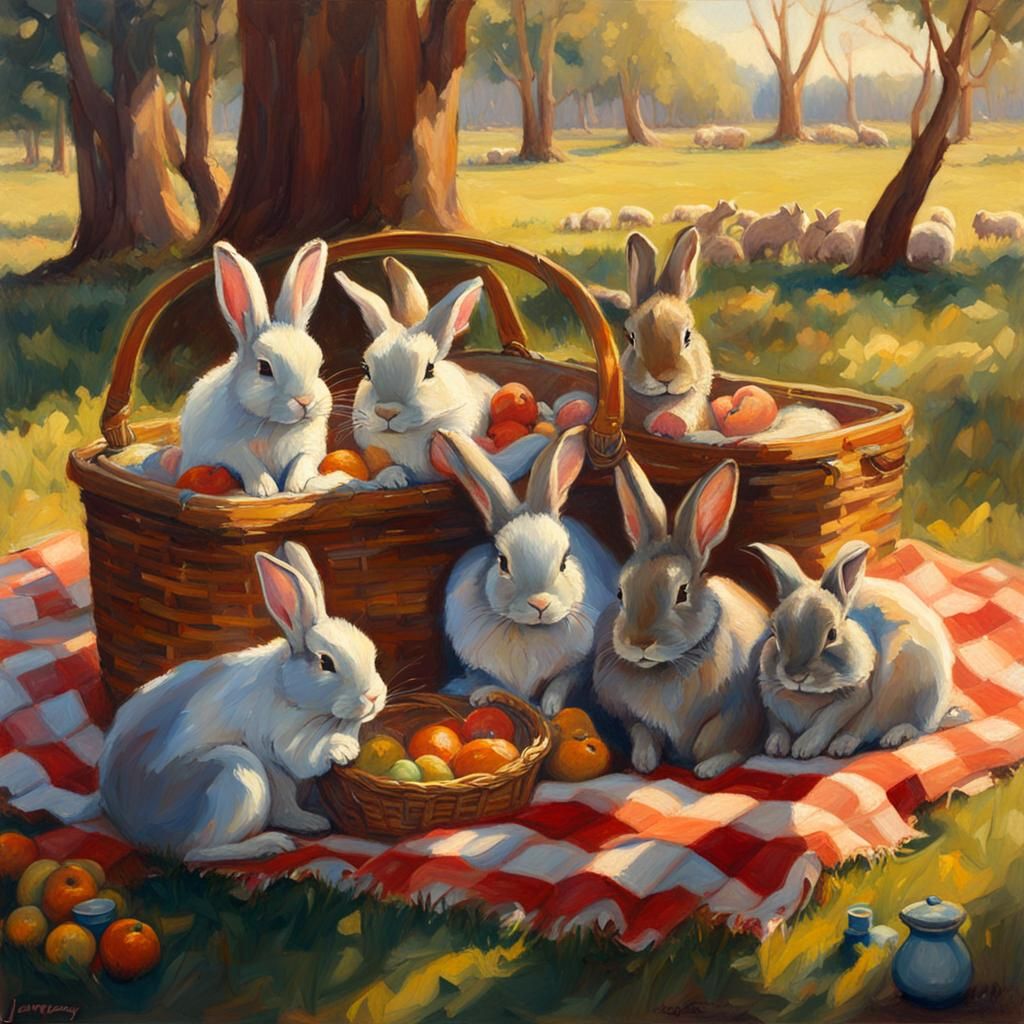 Bunnies Snuggling at Picnic, Oil Painting