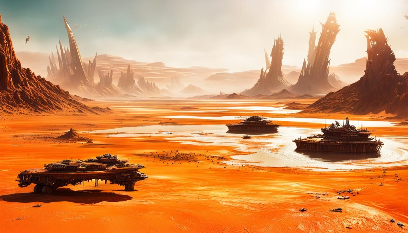 Orange Desert Planet with Sci-Fi Oasis
