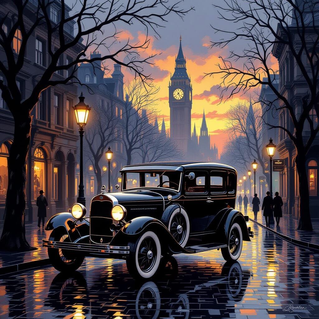 Vintage Ford Car on Rain-Slicked Street