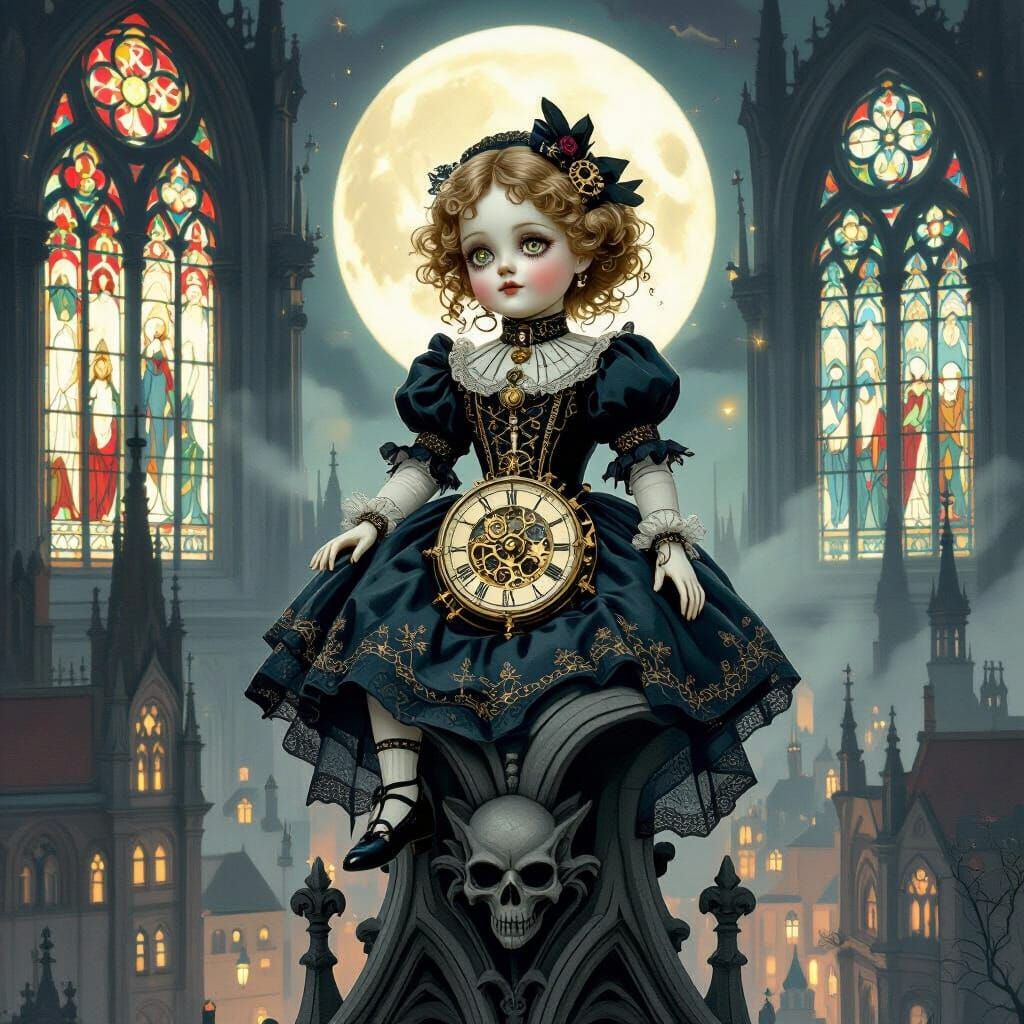 Clockwork Doll on Gothic Cathedral in Art Nouveau Style
