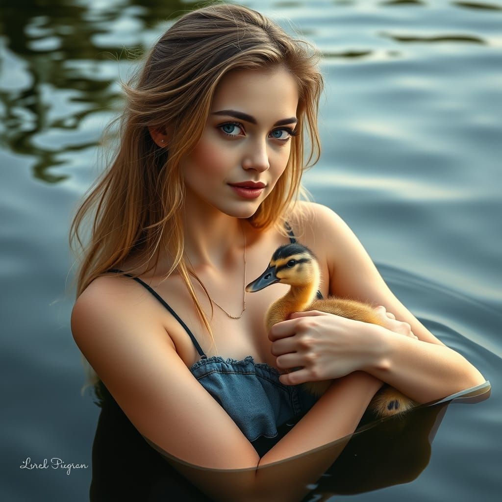 Radiant Young Woman with Adorable Pet Duckling in Wholesome ...