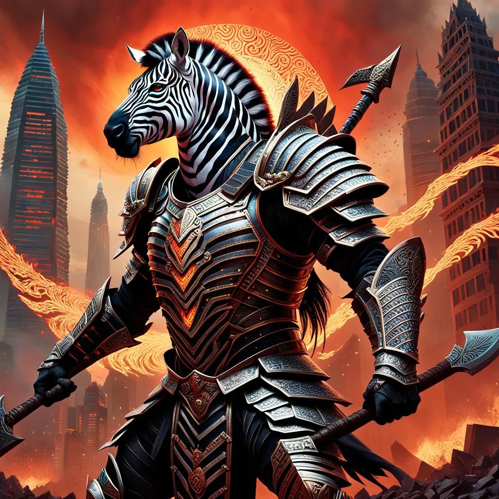 Zebra Warrior in Apocalyptic Battle, Digital Art