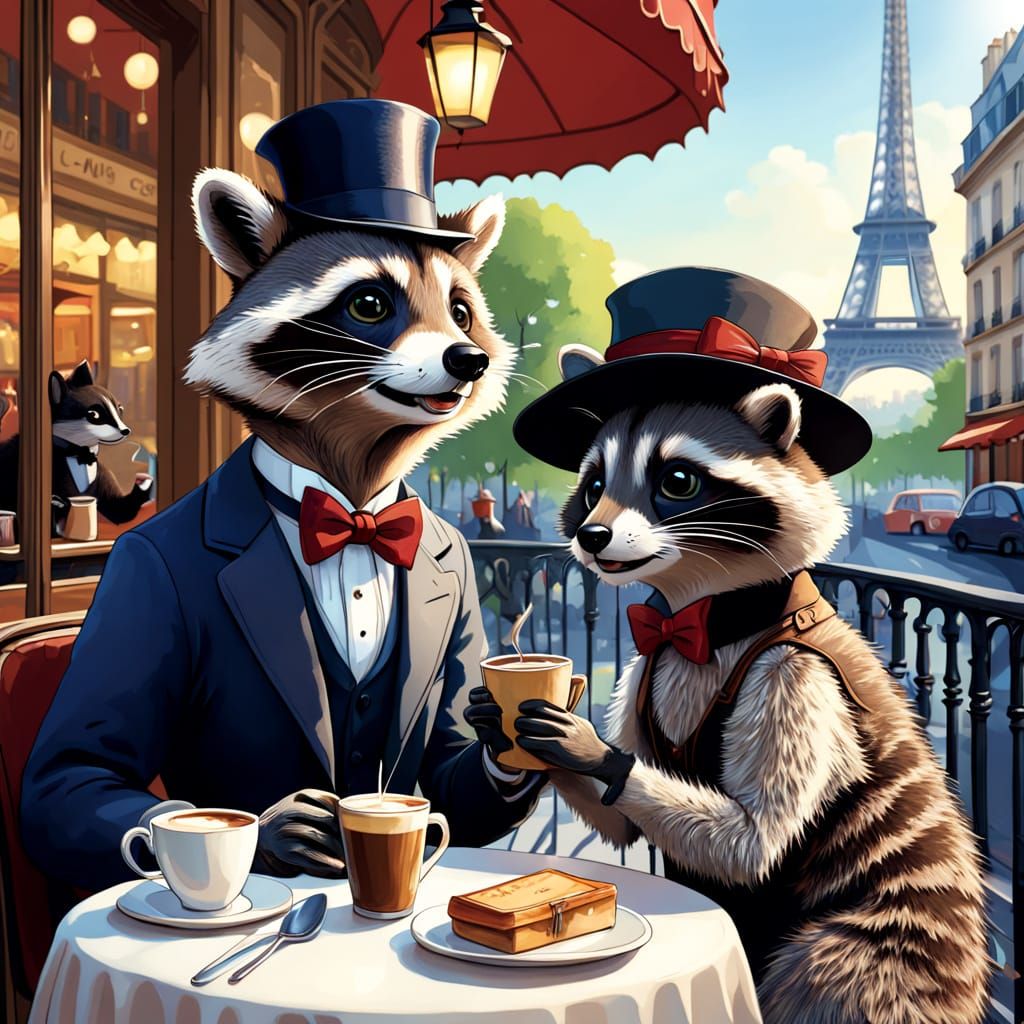 Charming Parisian Cafe Scene with Cartoon Raccoon Couple