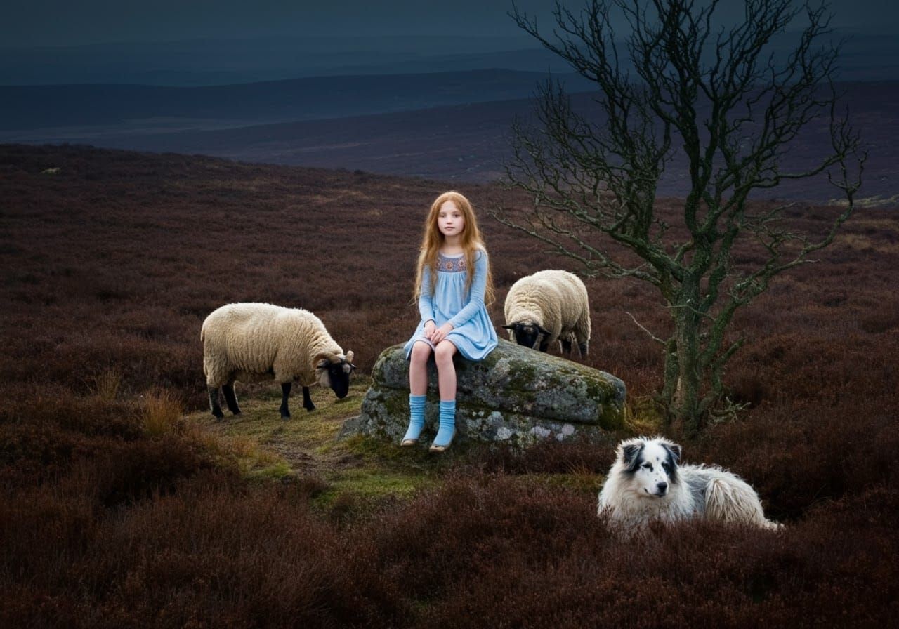 Girl with Sheep in Barren Heathland Illustration