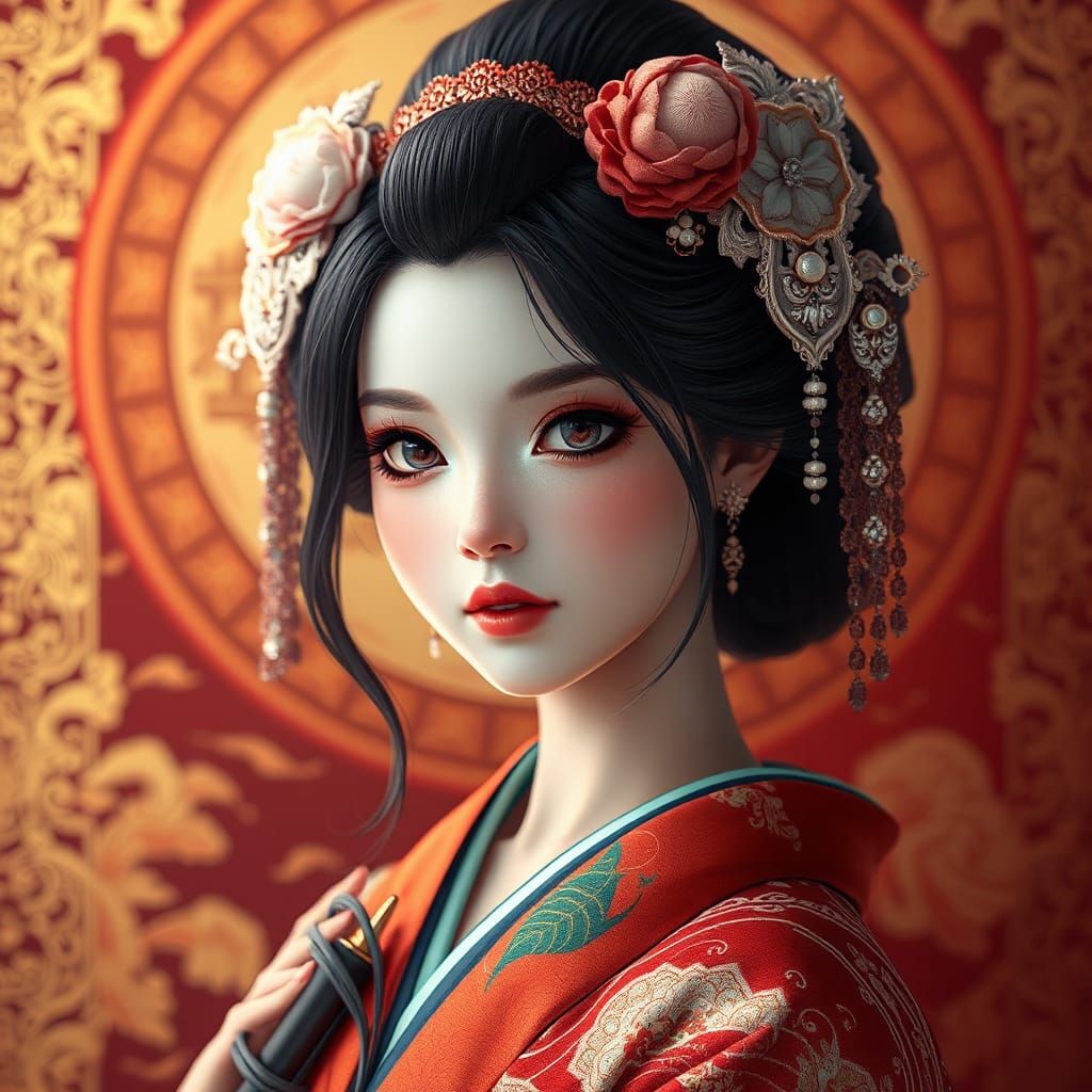 Geisha Girl Portrait in 3D Anime Style