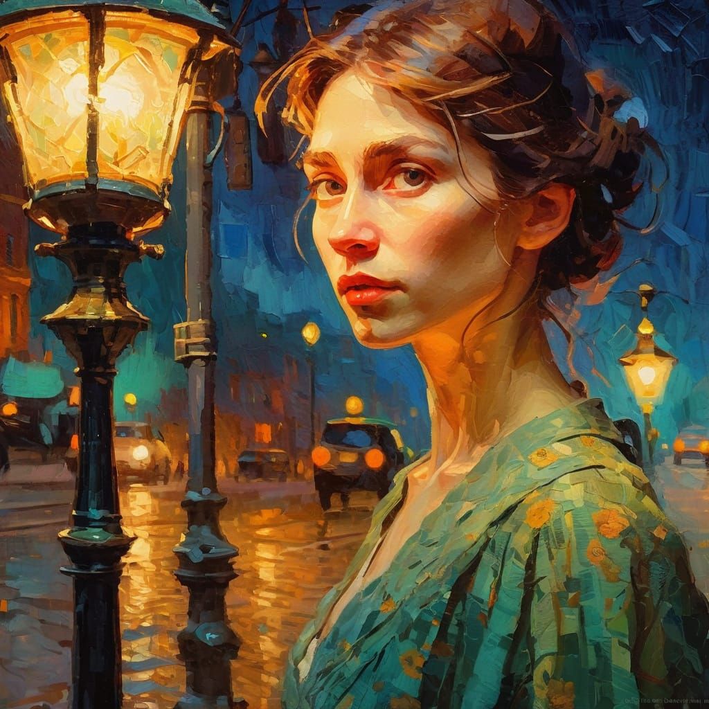 Woman Under Lamplight: Neo-Impressionist Oil Painting