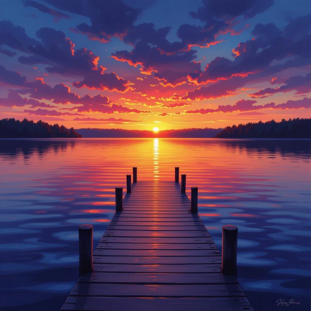 Vibrant Oil Painting of Sunset Over Restless Lake