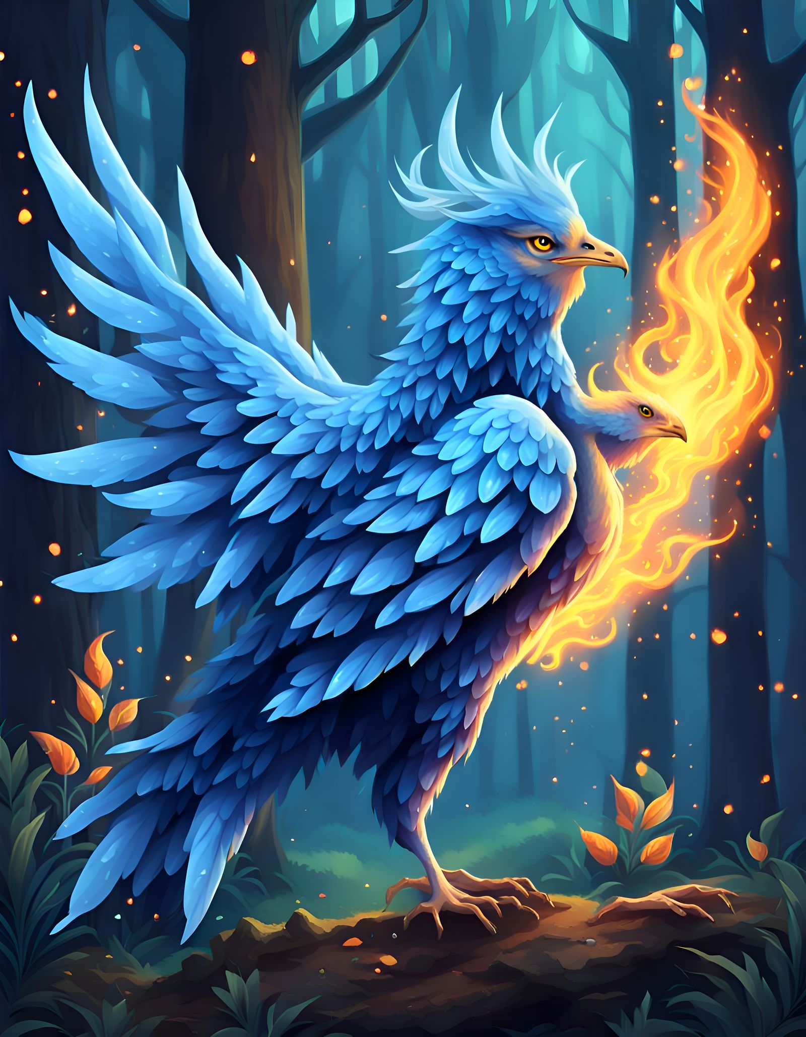Blue Crystal Phoenix in Enchanted Forest
