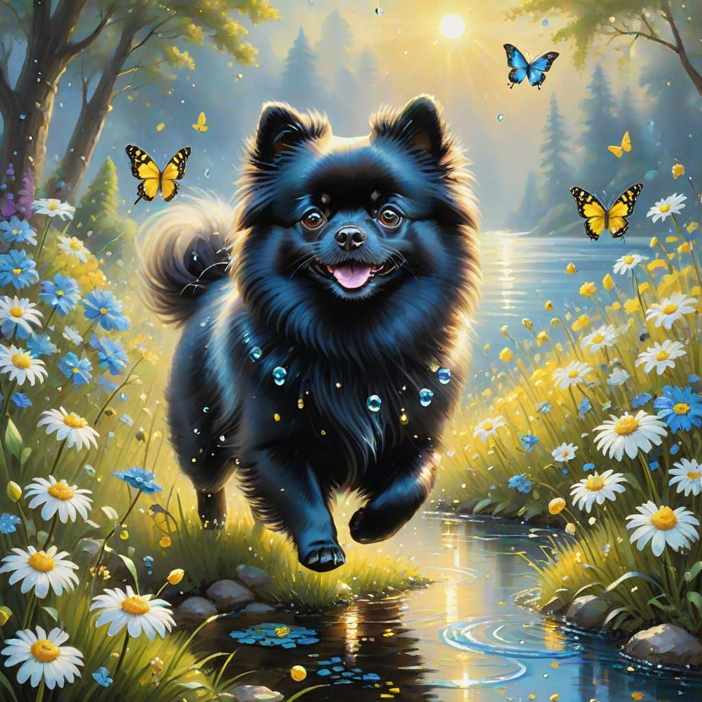 Pomeranian in Daisy Field: Idyllic Oil Painting