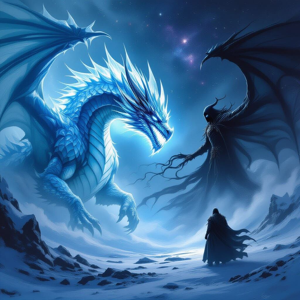 Colossal Ice Dragon Fights Cosmic God in Epic Fantasy Art