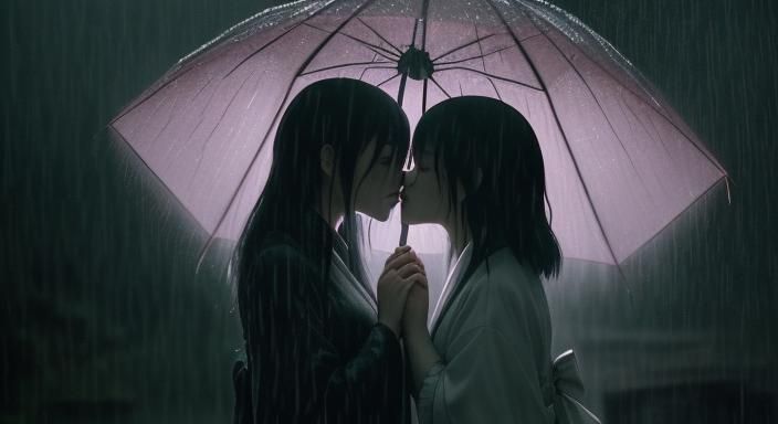Japanese Gothic Females Kissing in the Rain