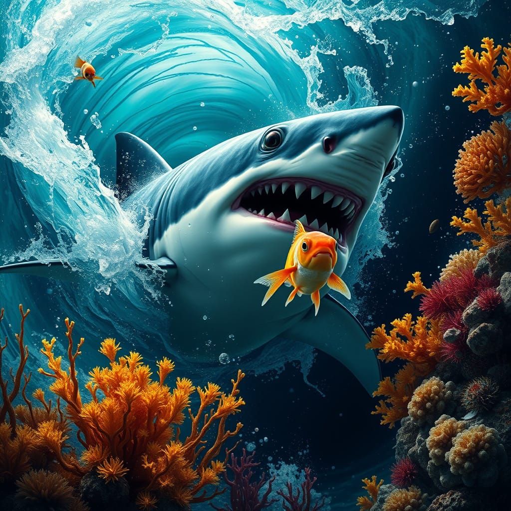 Majestic Great White Shark Embroiled in Epic Goldfish Battle