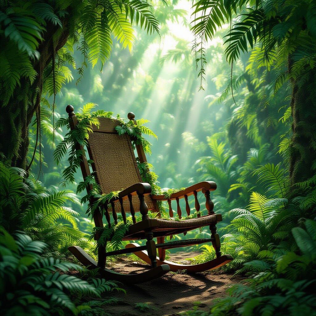 Rocking Chair in Prehistoric Jungle: Digital Masterpiece
