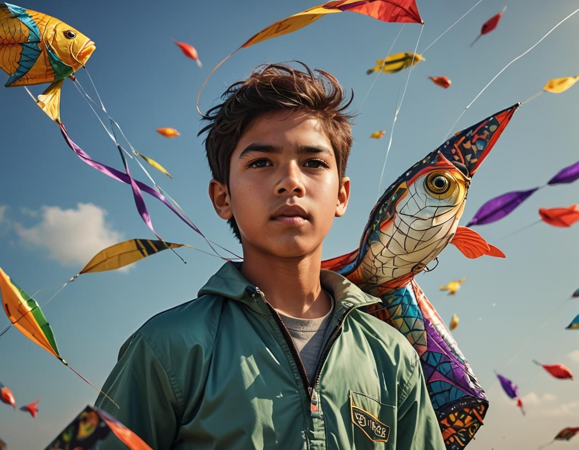 Boy Flies Fish Kite: Hyperrealistic Photography