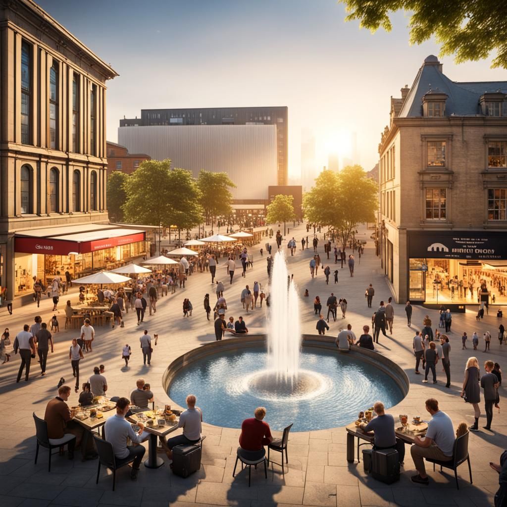 Bustling Town Square with Water Feature at Golden Hour