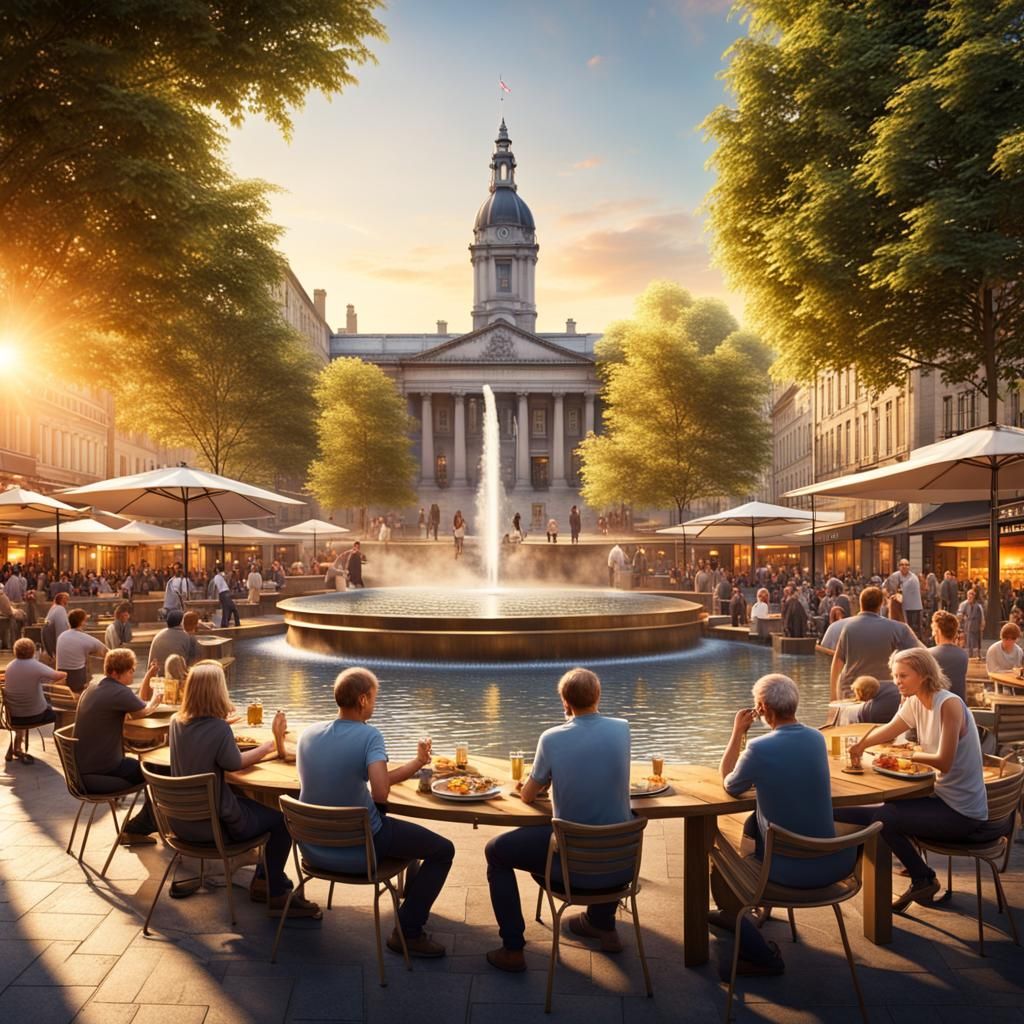 Vibrant Town Square with Water Feature at Golden Hour
