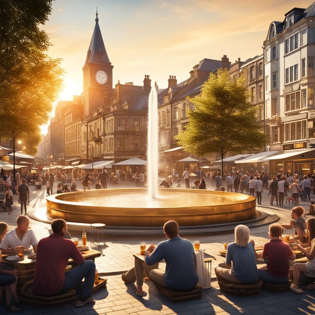 Busy Town Square with Impressive Water Feature