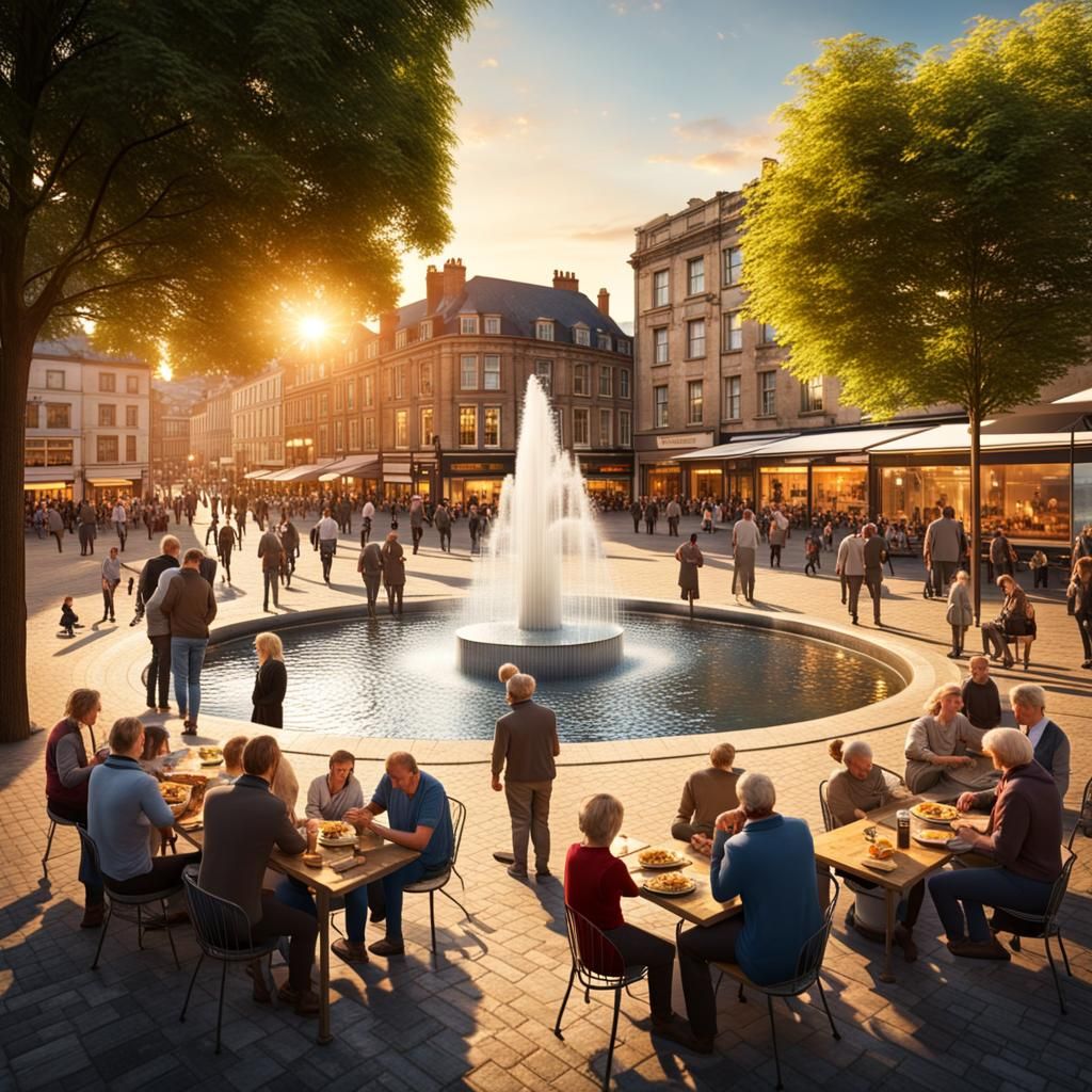 Lively Town Square with Water Feature at Golden Hour