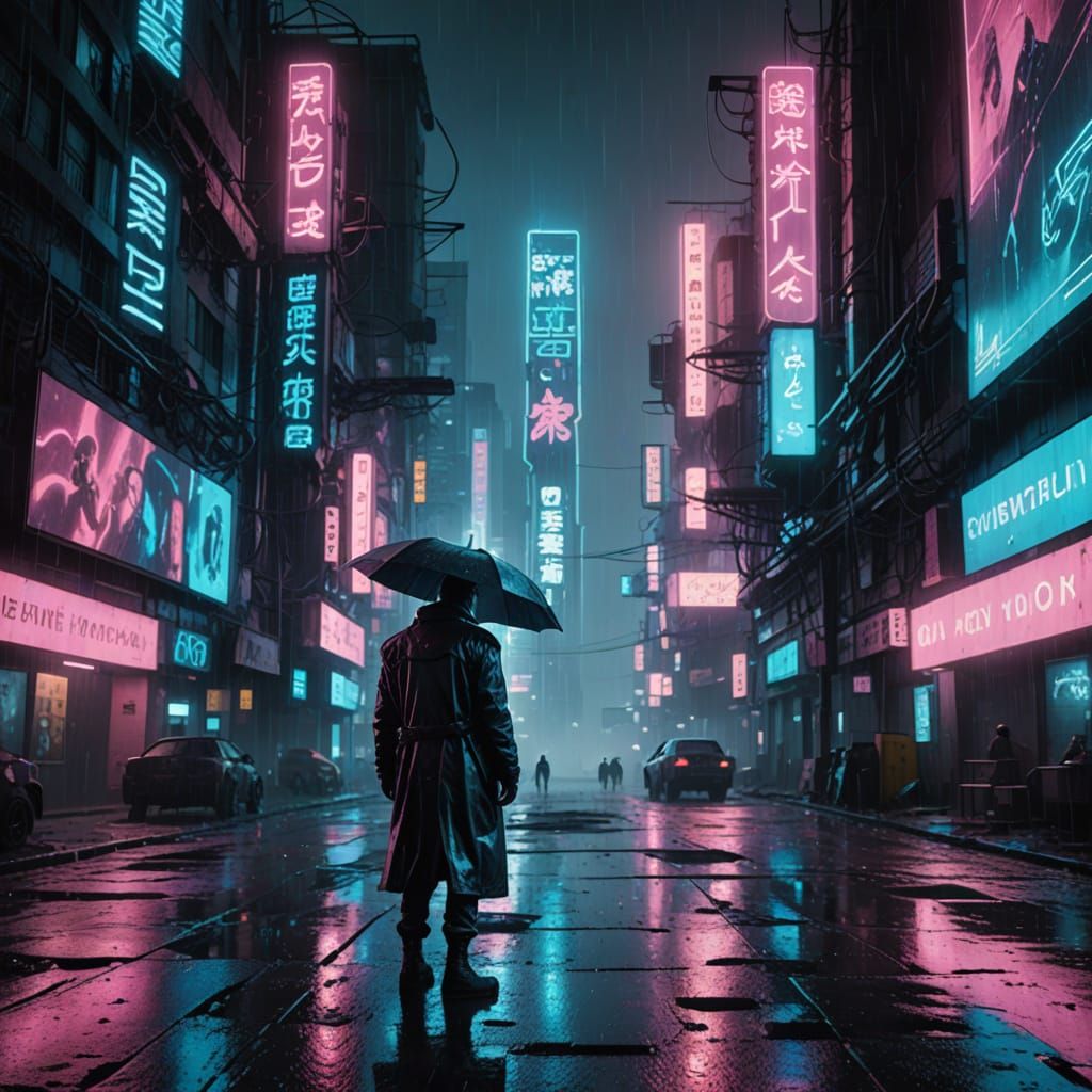 Lonely Figure in a Futuristic, Dystopian Cityscape