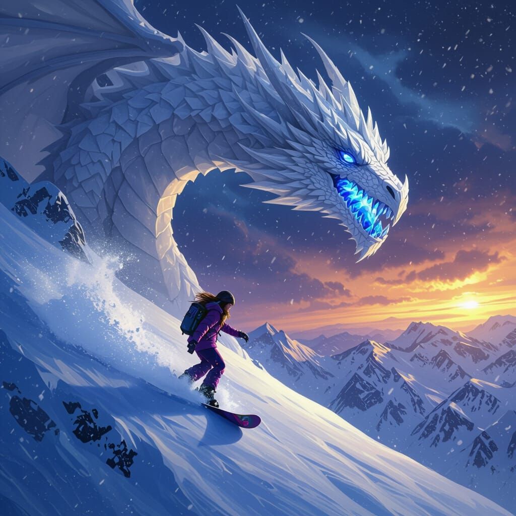 Snowboarding Girl and Dragon in Dark Fantasy Art
