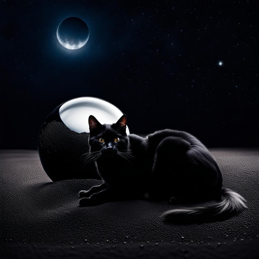Black Cat Contemplates Ebony Sphere in the Night