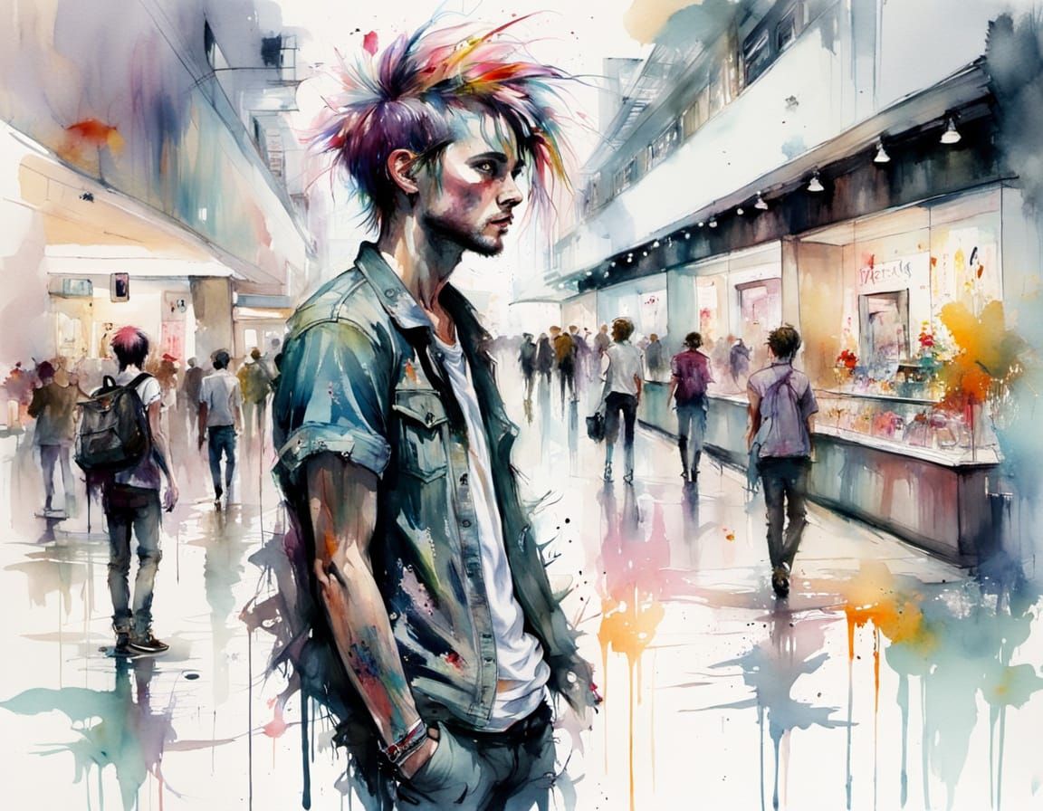 Punk Rocker in a Whimsical Shopping Mall Scene, in Watercolo...