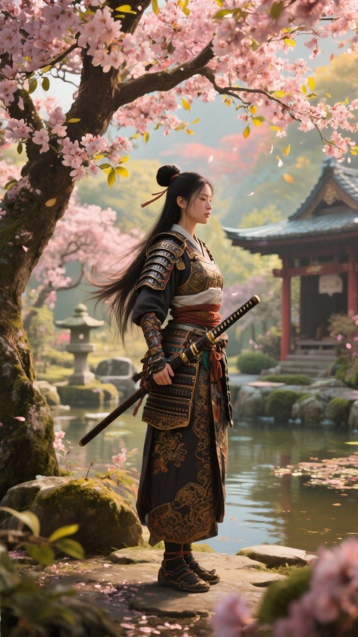 Samurai Warrior Meditating Under Sakura Tree