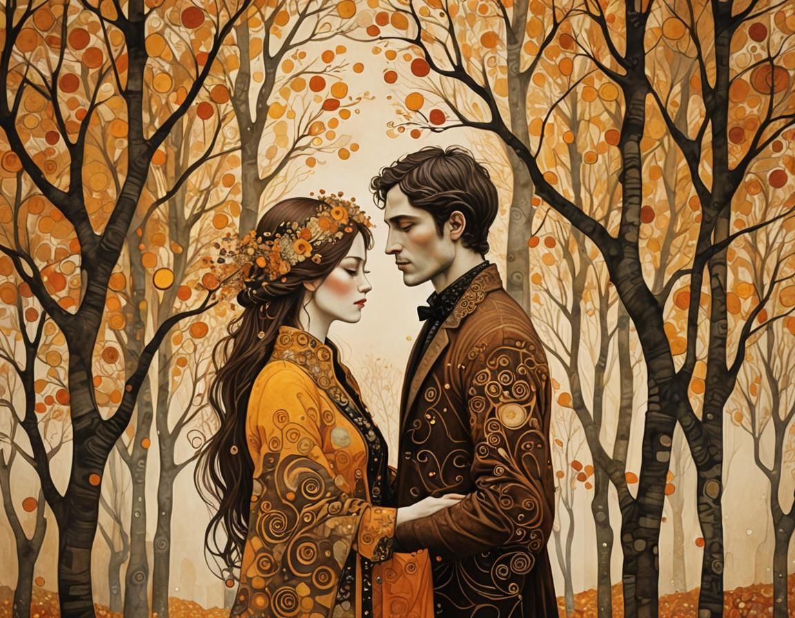 Romantic Couple Amidst Autumn Trees, in Art Nouveau Style