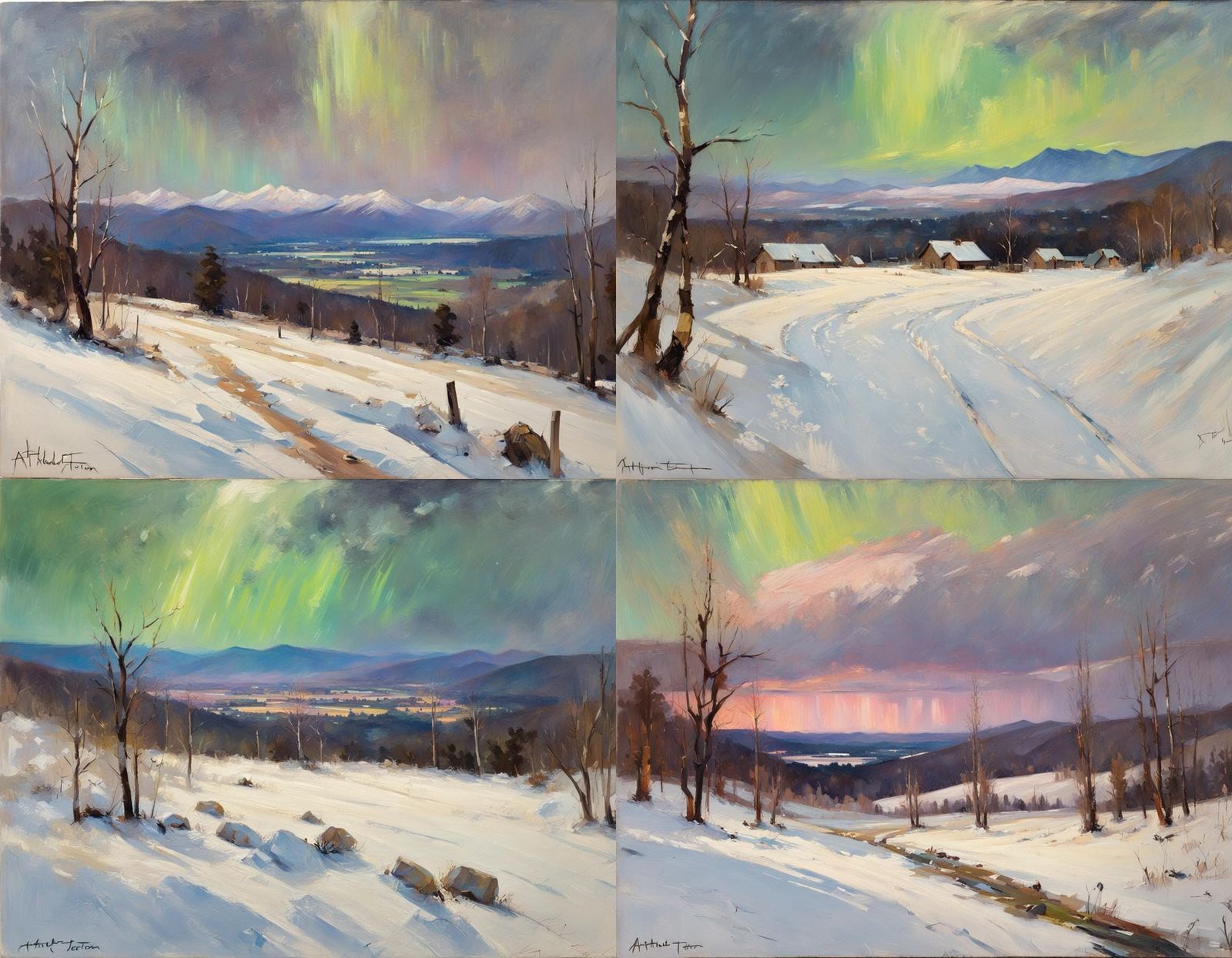 Aurora Borealis Over Snowy Mountains, Oil Painting