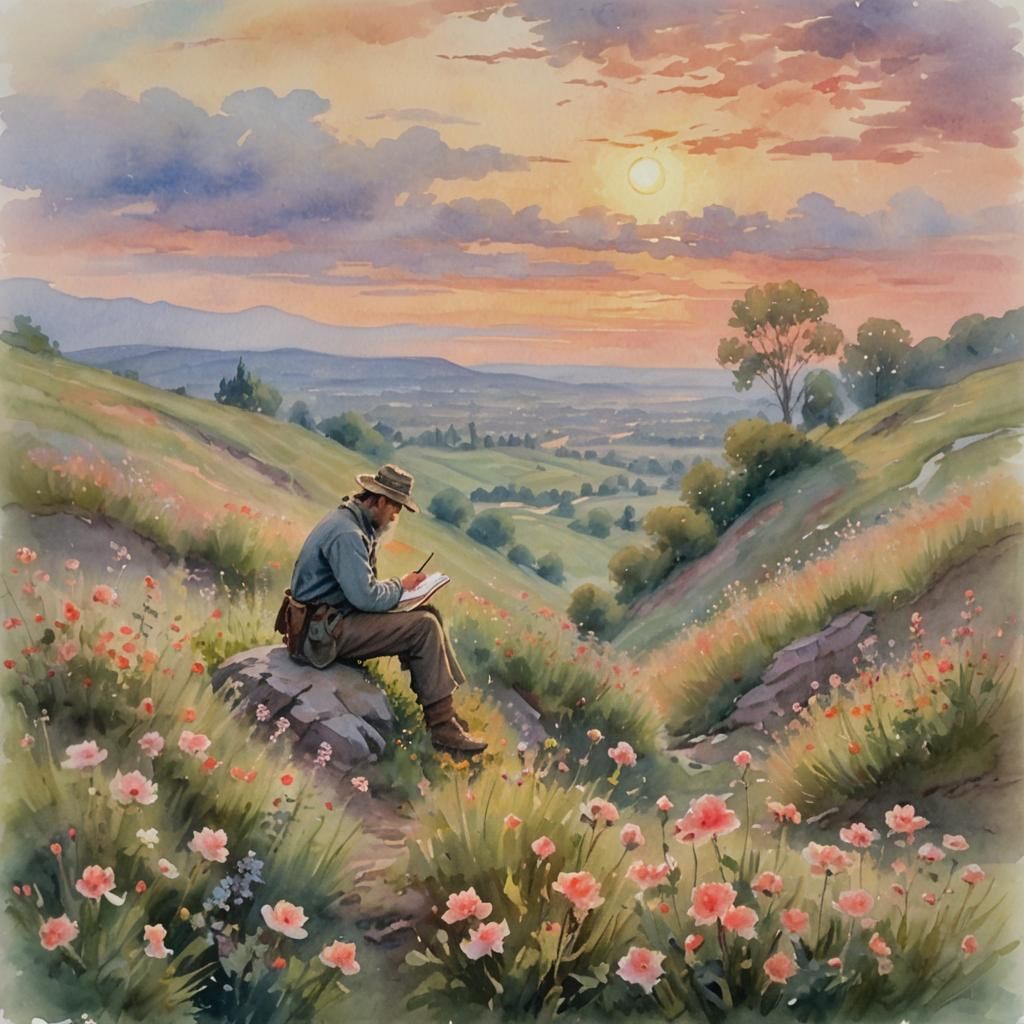 War-Weary Poet Writing in Journal as Watercolor Painting