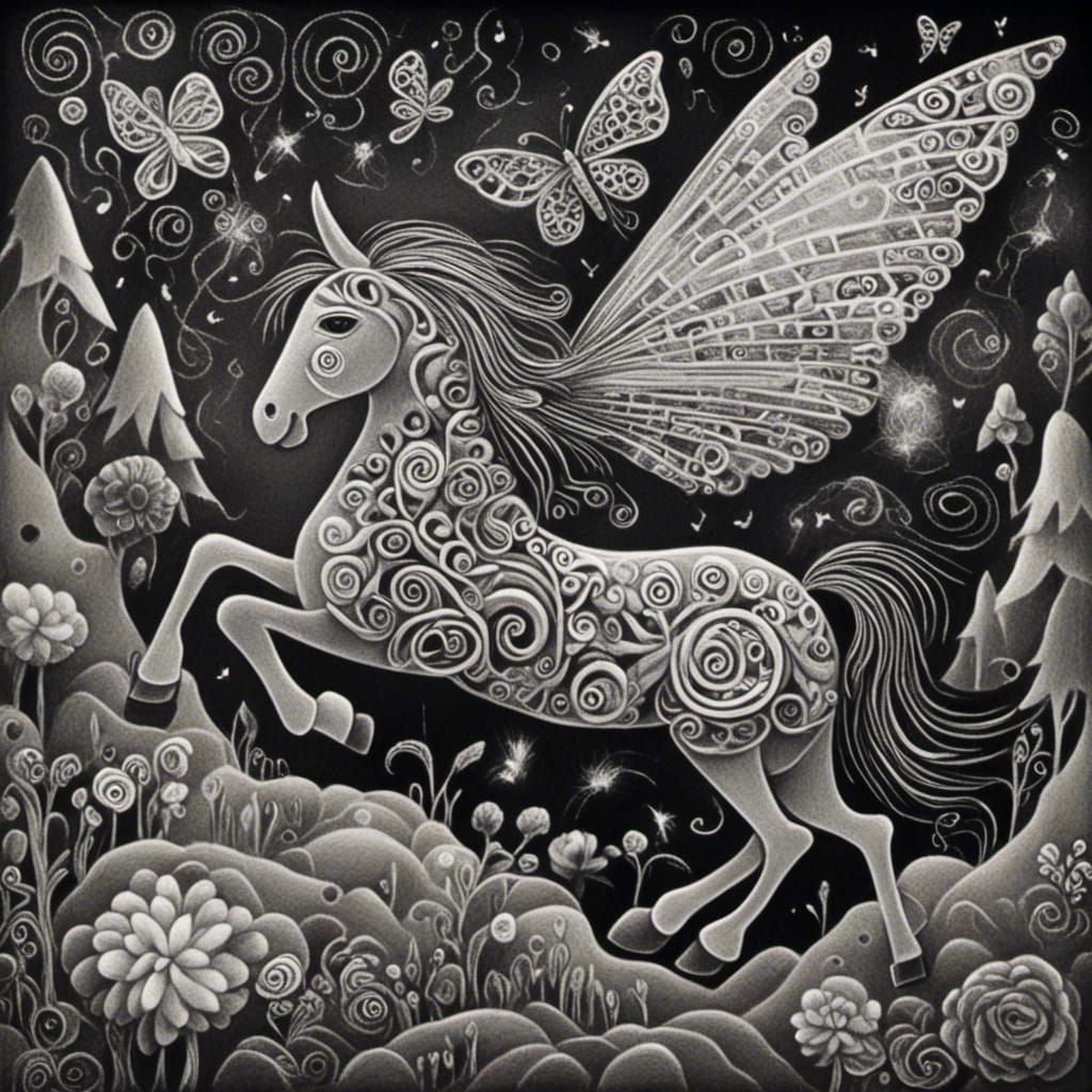 <lora:Crayon Doddles 1:1.0> Zebra angel fairy     in a Million butterfly dreamscape,  making wishes , Salvador Dali coll...