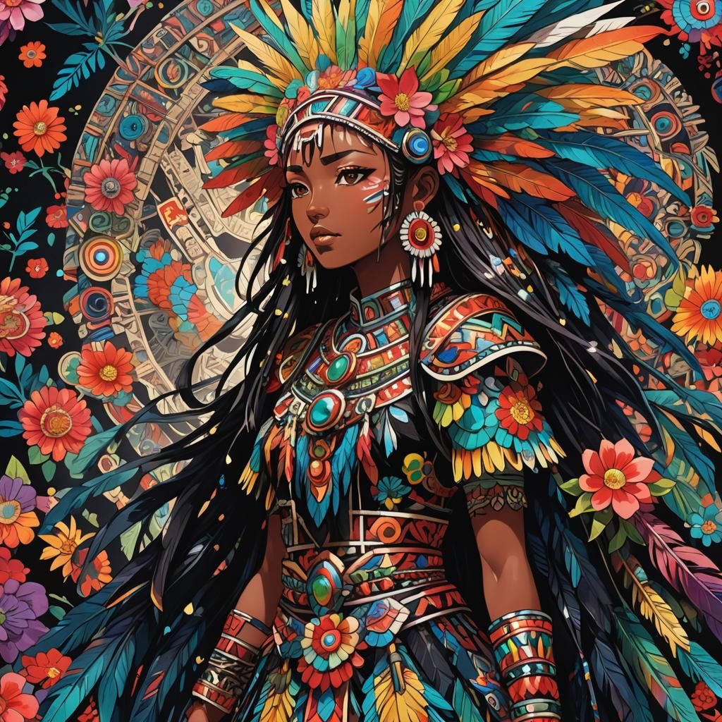 Vibrant Anime Manga Aztec Girl in Headdress