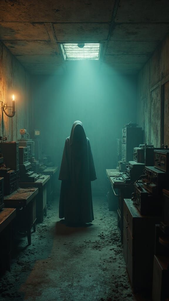 Creepy Figure in Abandoned Room, Hyperrealistic 3D Rendering