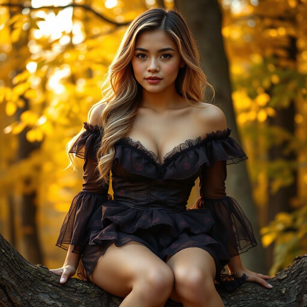Filipina Woman in Ruffled Dress in Autumn Forest