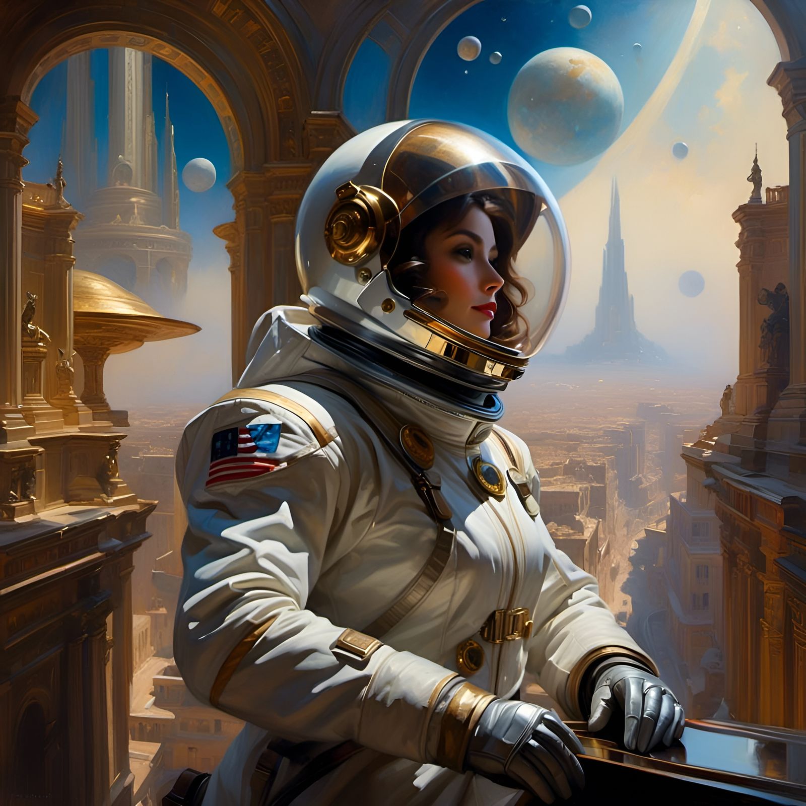 Cosmic Astronaut Helmet Reflecting Futuristic City
