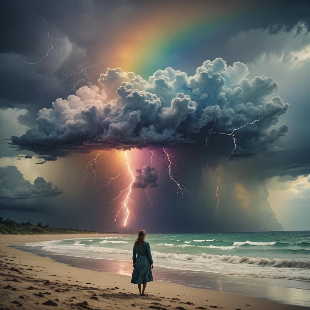 Watercolour Lightning Storm Over Ocean, Cinematic Still